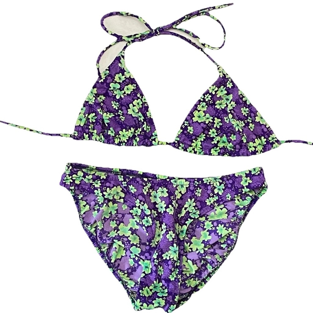 Vintage 80s Rare Sundays Bikini Size 9 Medium Purple & Green Neon Floral Design